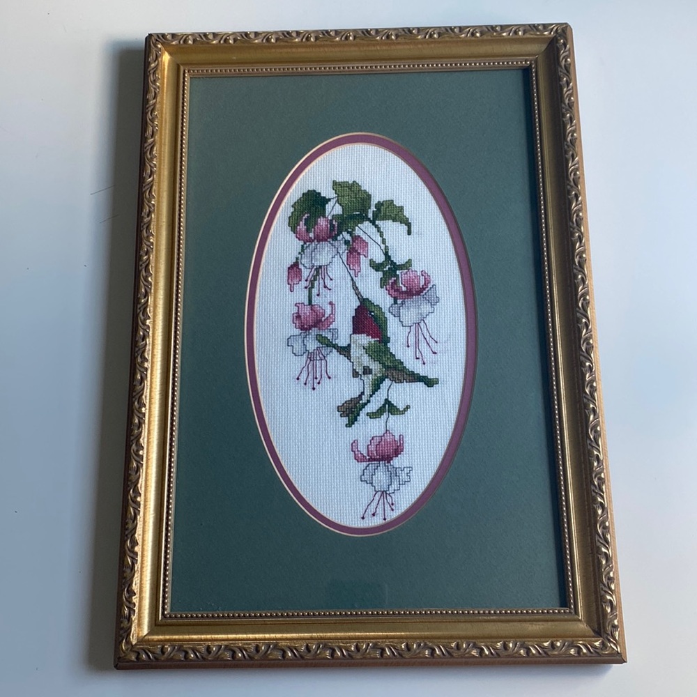 Gold Framed Botanical Hummingbird Cross Stitch with Pink Flowers